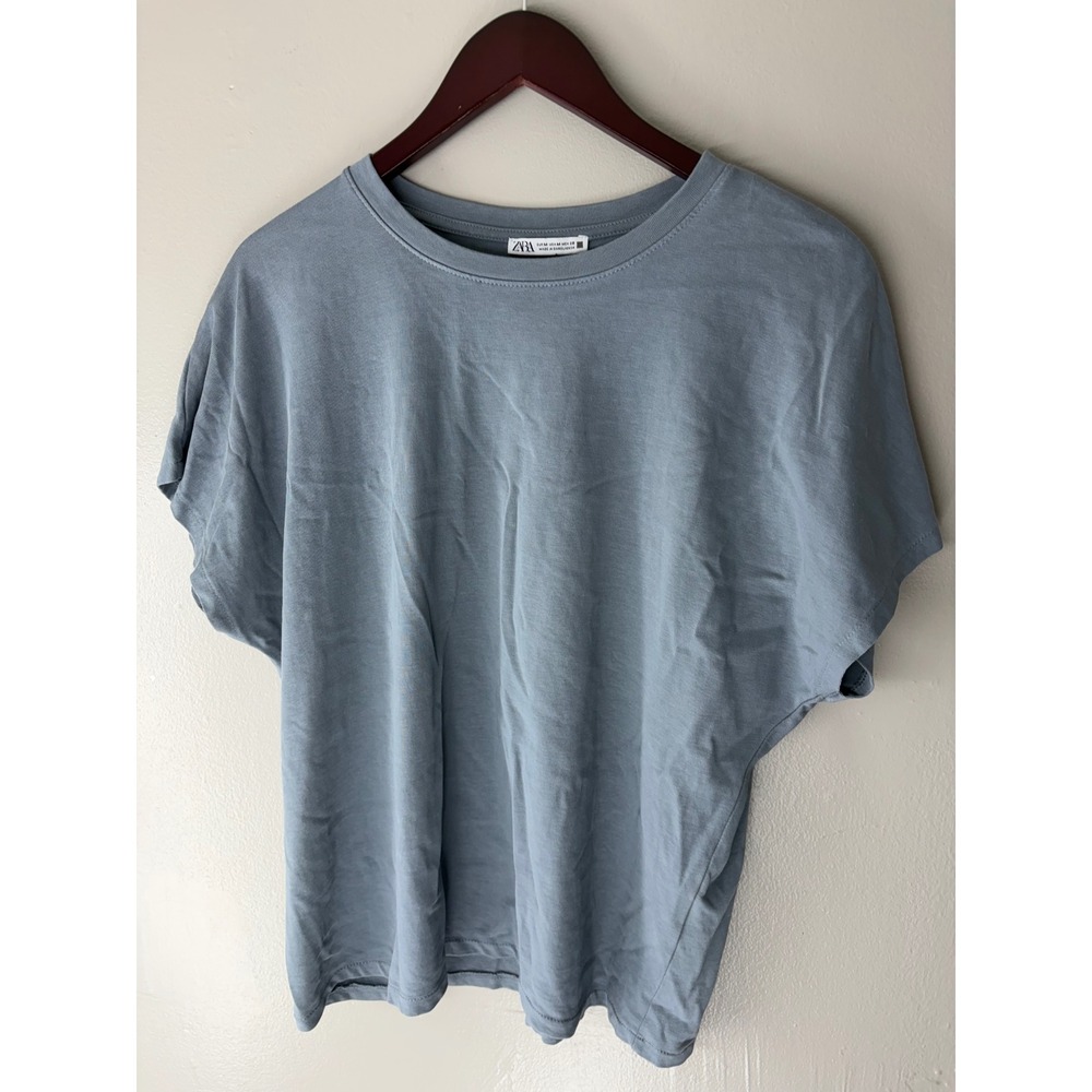 Zara Women Blue Short Sleeve Crew Neck Relaxed Fit Basic Tee Shirt Size M